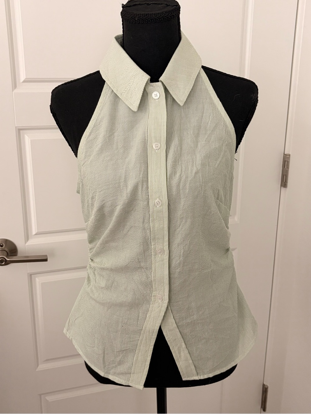 Halter Button-Front Striped Top in Light Green